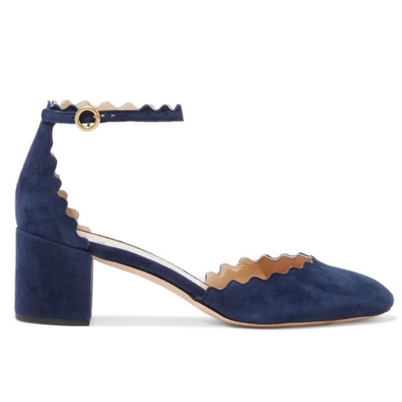 Chloe Shoes - Chloe Lauren scalloped blue suede ankle strap block heels
